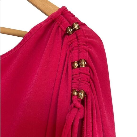 Cache One Shoulder Rhinestone Beaded Draped Cocktail Mini Dress Pink Size XS - Picture 5 of 6